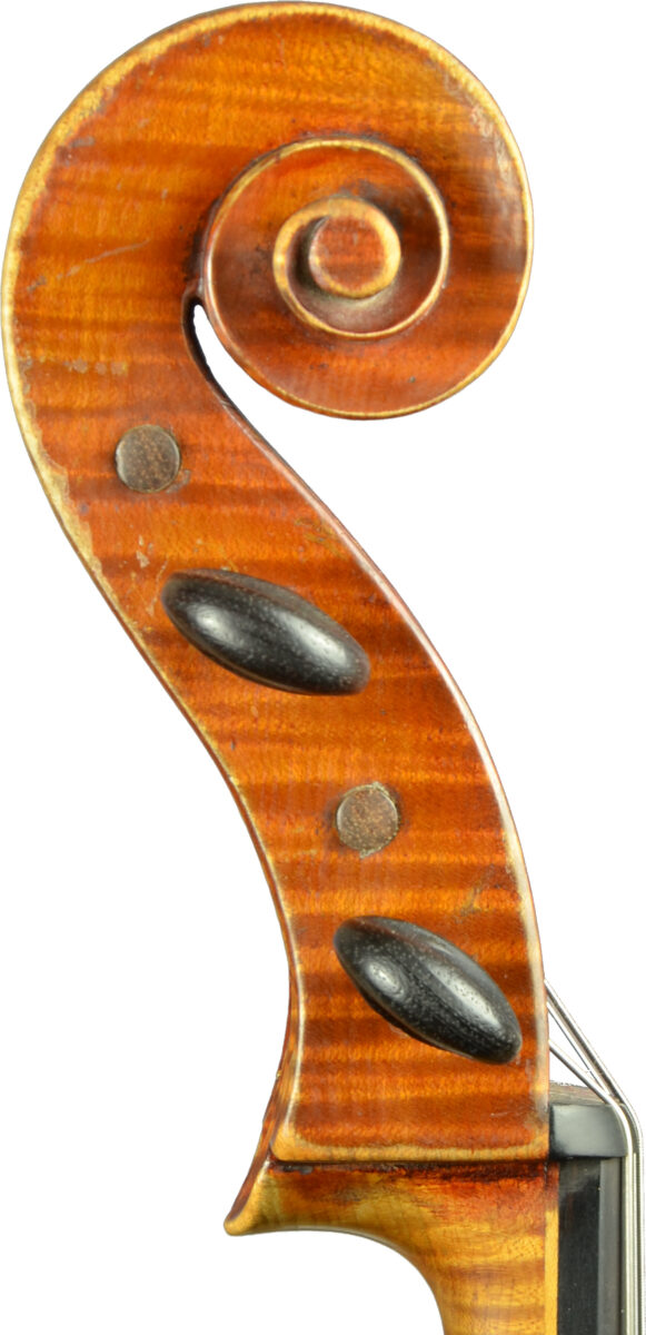 altes französisches Cello, Schnecke Seitenansicht
